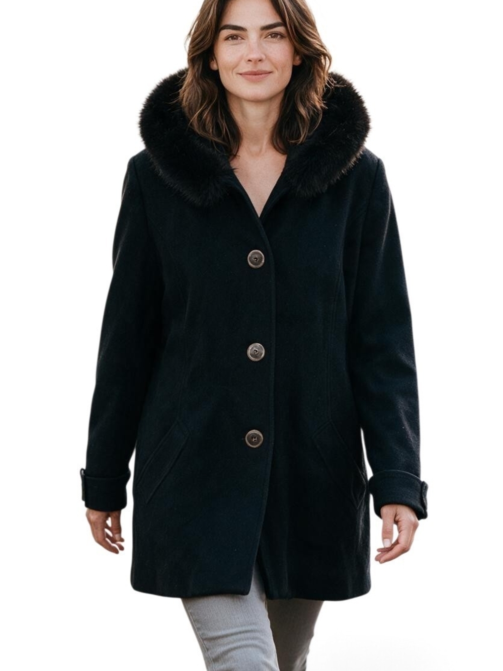 -Sachi Collection Black Hooded Mid-Length Wool Blend Coat Dyed Fox Fur XL